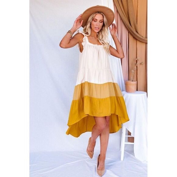 Moodie High Low Tiered Colorblock Square Collar Midi Dress XS - Picture 1 of 6